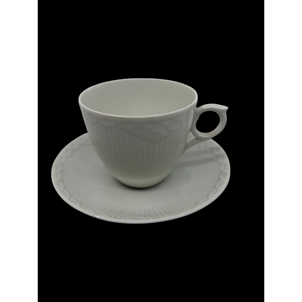 Royal Copenhagen White Half Lace Tea Cup and Saucer Set Fluted Porcelain Denmark